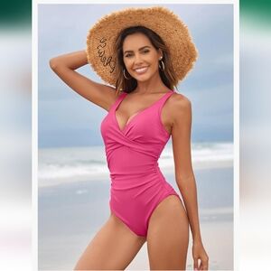 Aleumdr Women's V Neck One Piece Swimsuits Cheeky Tummy Control Front Twist